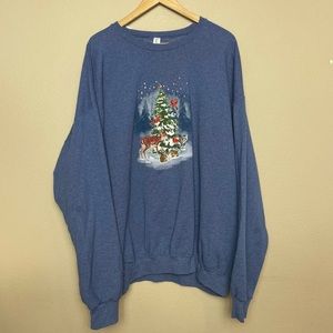 Jerzees Blend Blue Christmas Scene Deer Cardinal Crewneck Sweatshirt Women’s 2XL